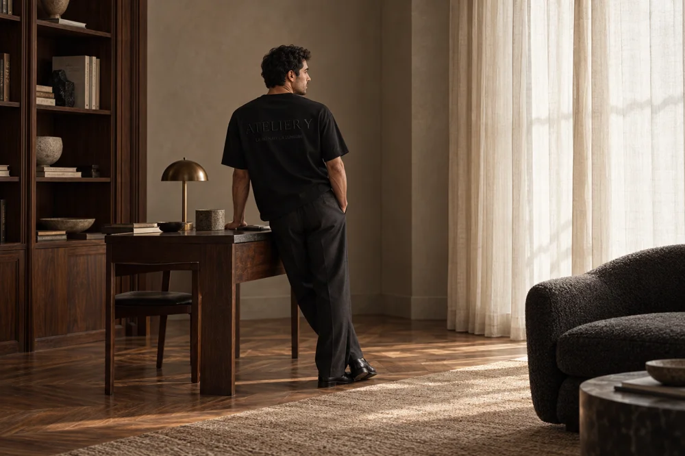 Campaign image — Atelier Tonal Tee in Black, rear view